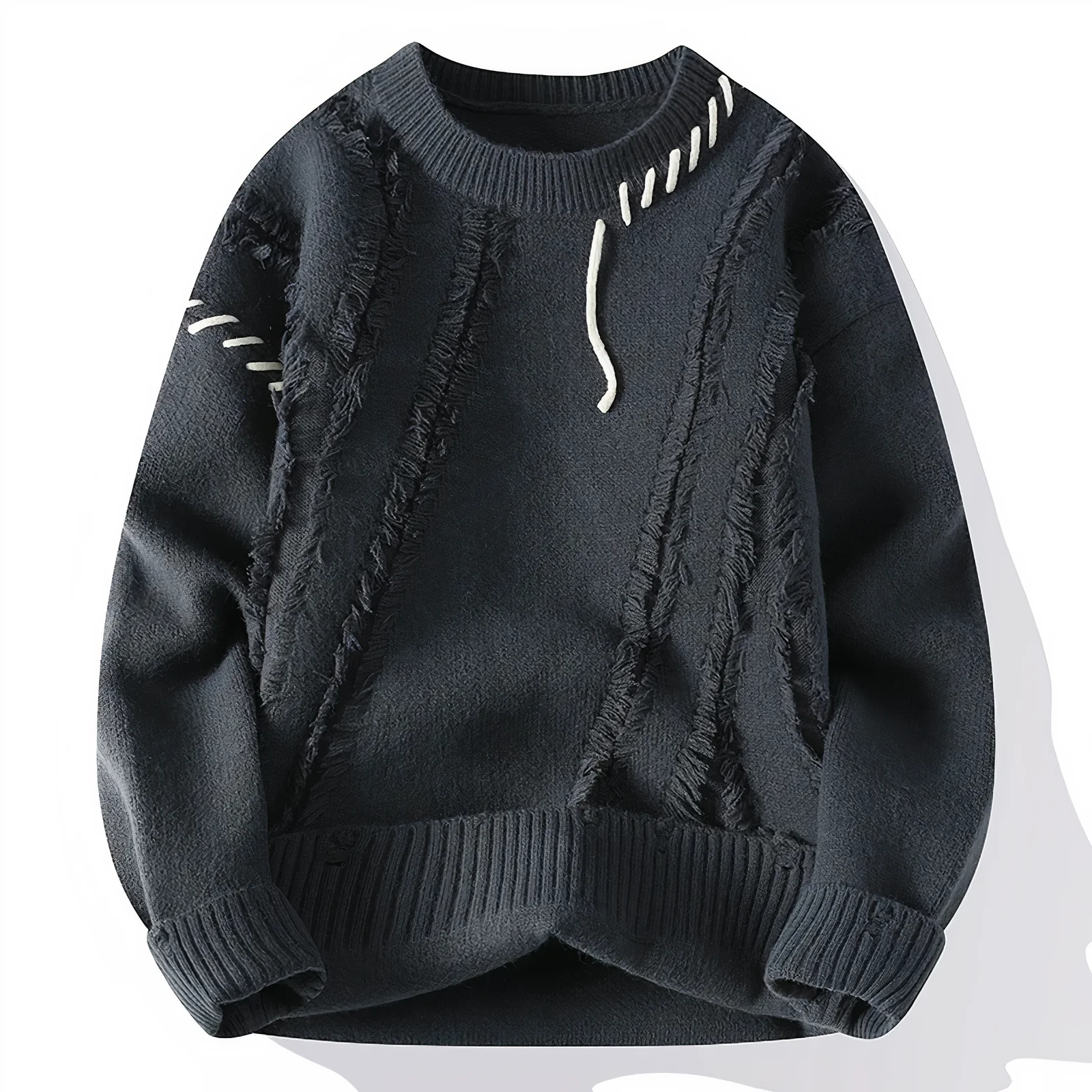 Men's patchwork fringe wool blend crew neck sweater relaxed fit artisanal knit fall style