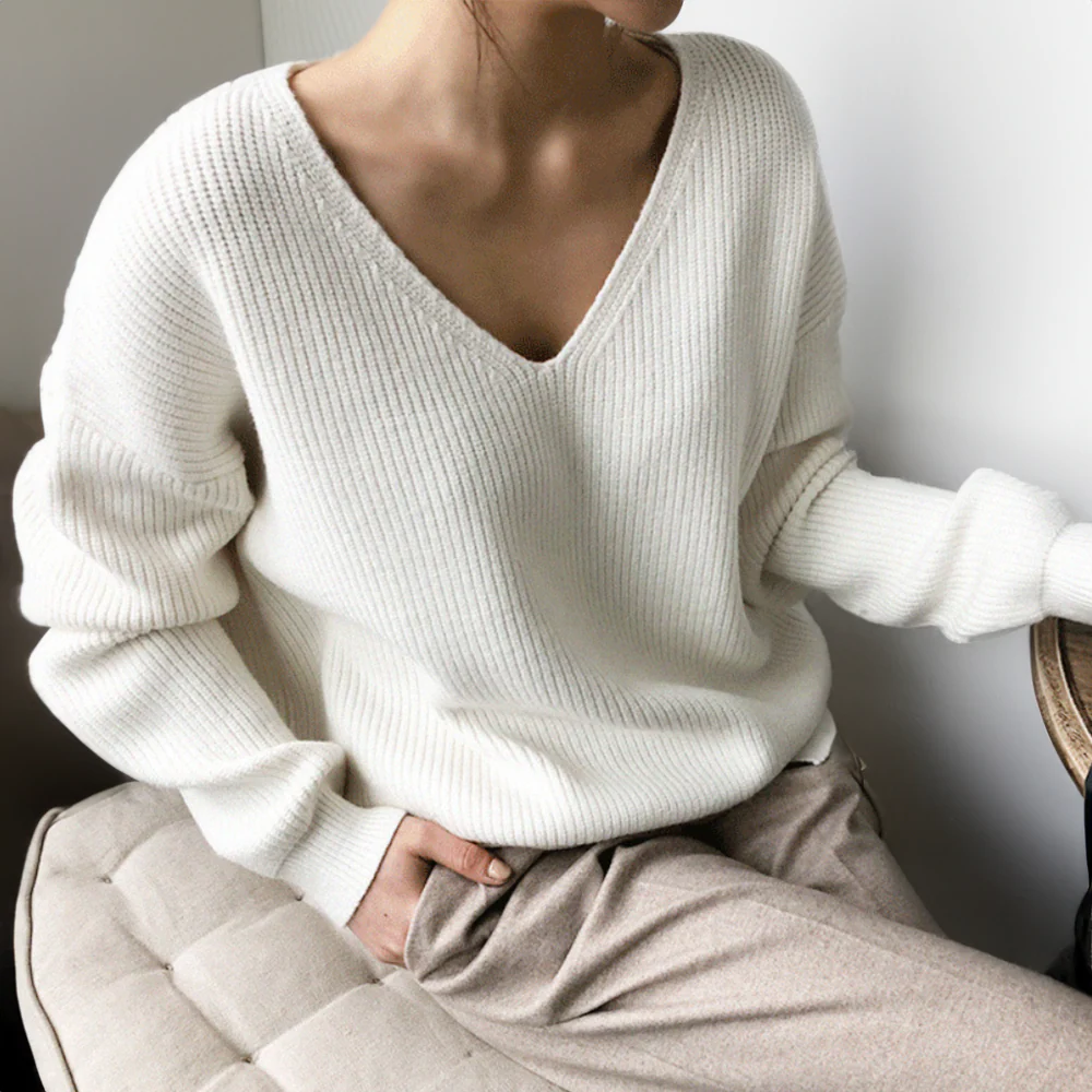 Women's oversized ribbed knit pullover sweatshirt deep V-neck cozy casual style