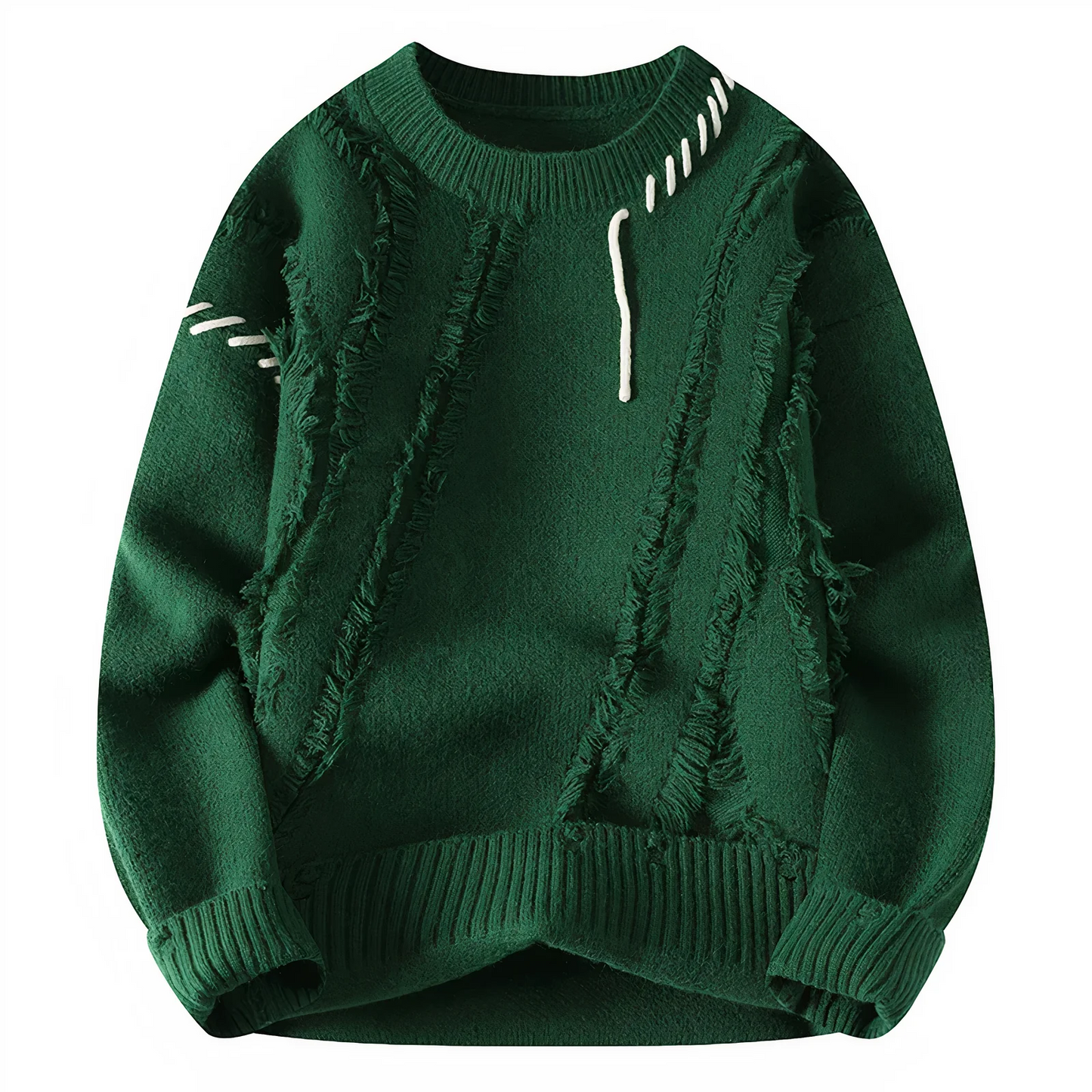 Men's patchwork fringe wool blend crew neck sweater relaxed fit artisanal knit neutral tones