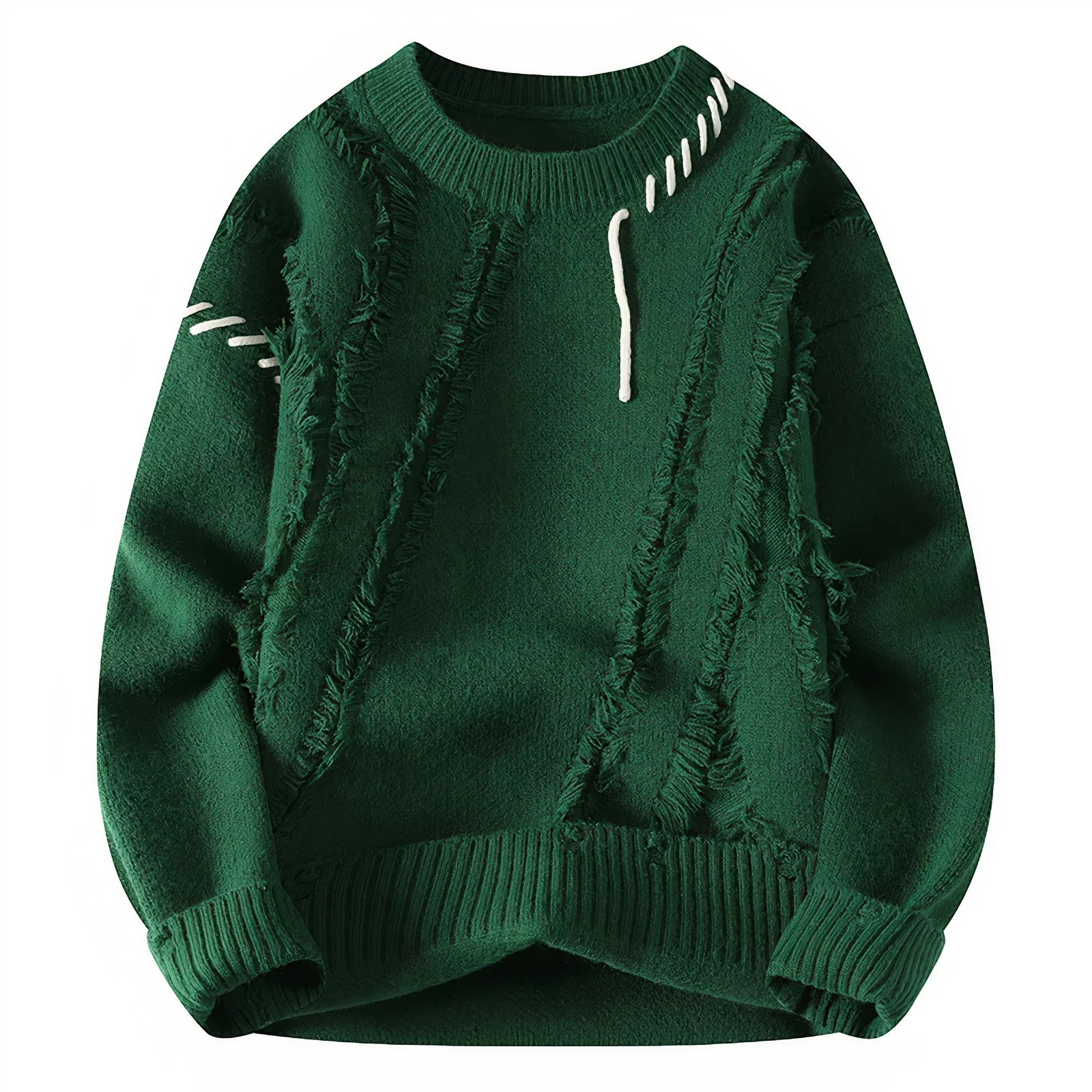 Men's patchwork fringe wool blend crew neck sweater relaxed fit artisanal knit neutral tones