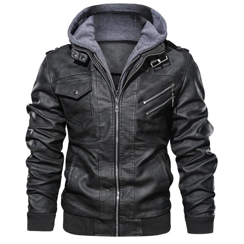 Men's slim fit PU leather hooded bomber jacket with zipper pockets and ribbed hem