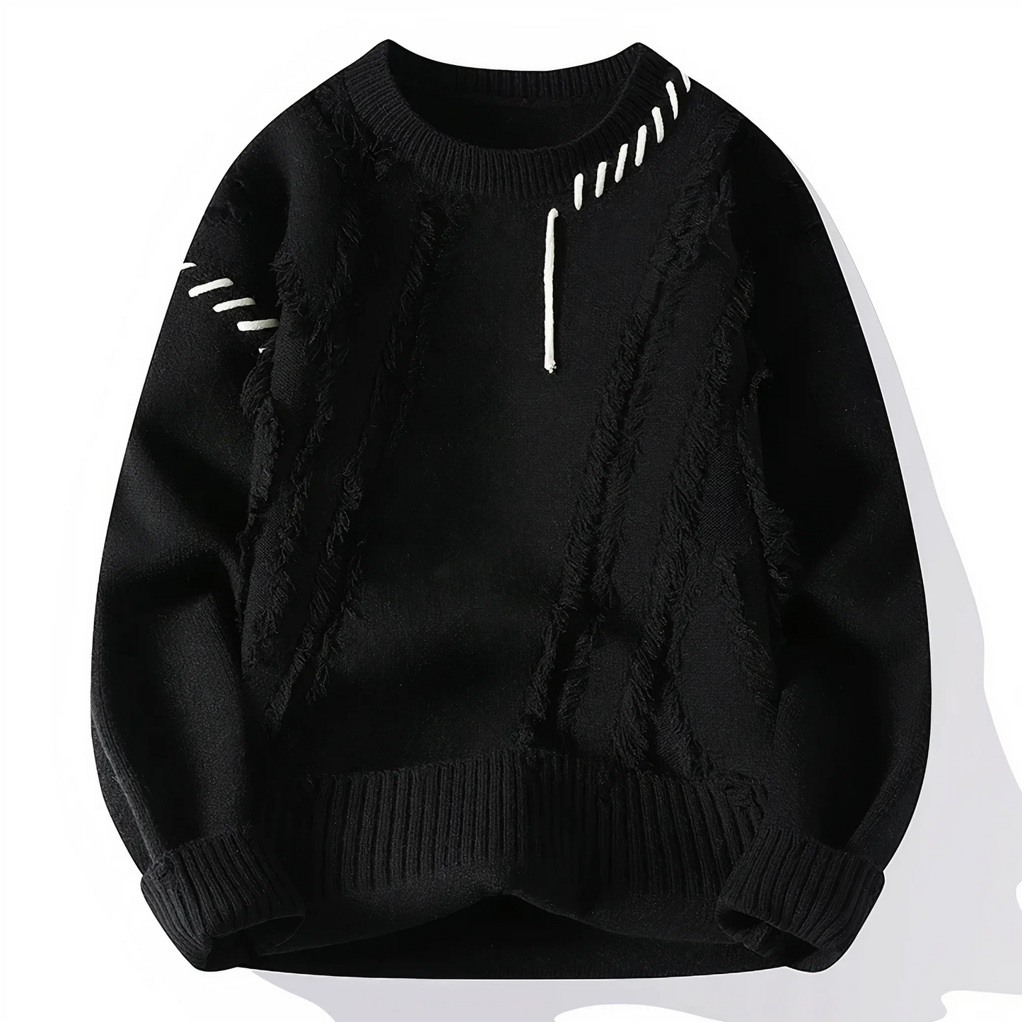 Men's patchwork fringe wool blend crew neck sweater relaxed fit artisanal knit fall style