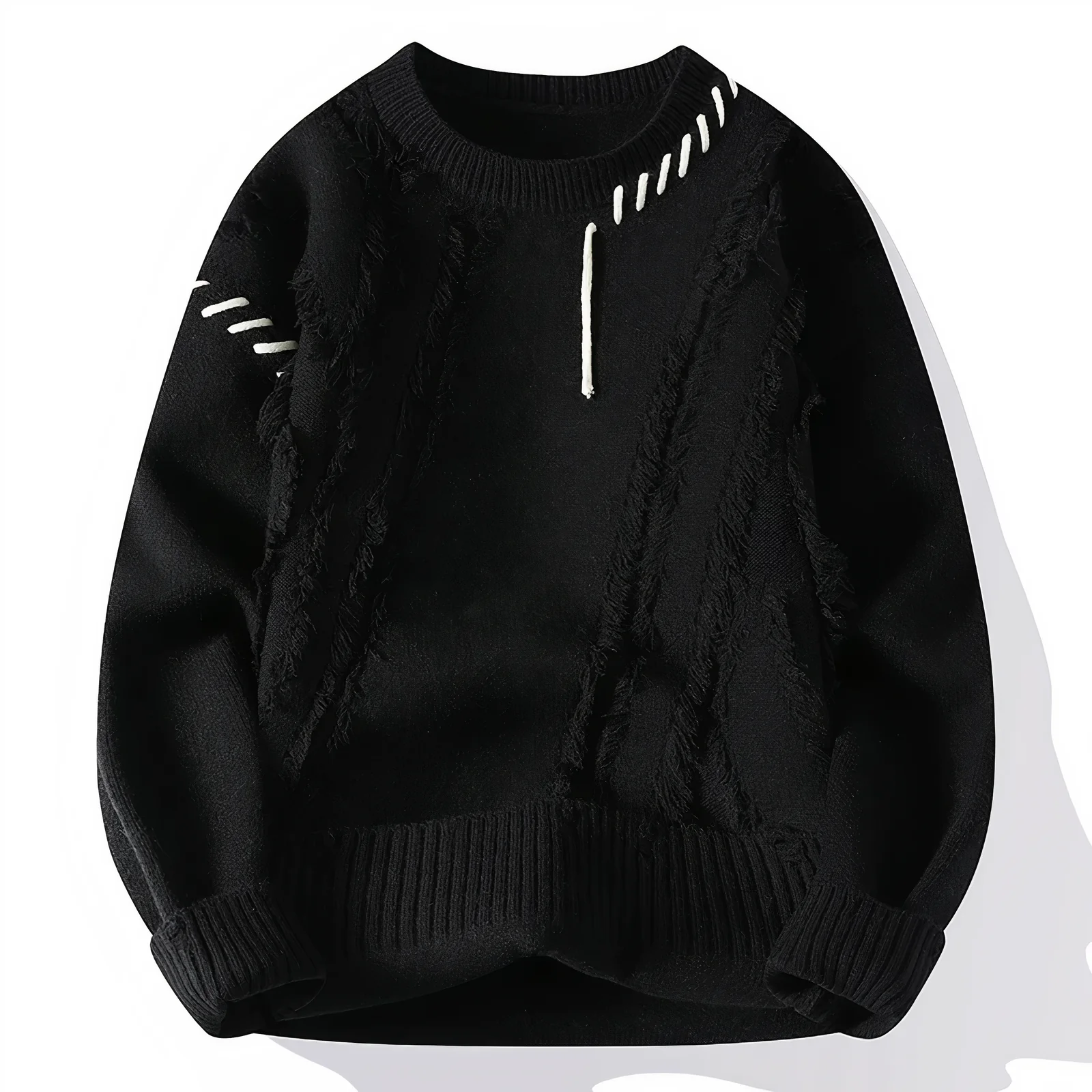 Men's patchwork fringe wool blend crew neck sweater relaxed fit artisanal knit fall style