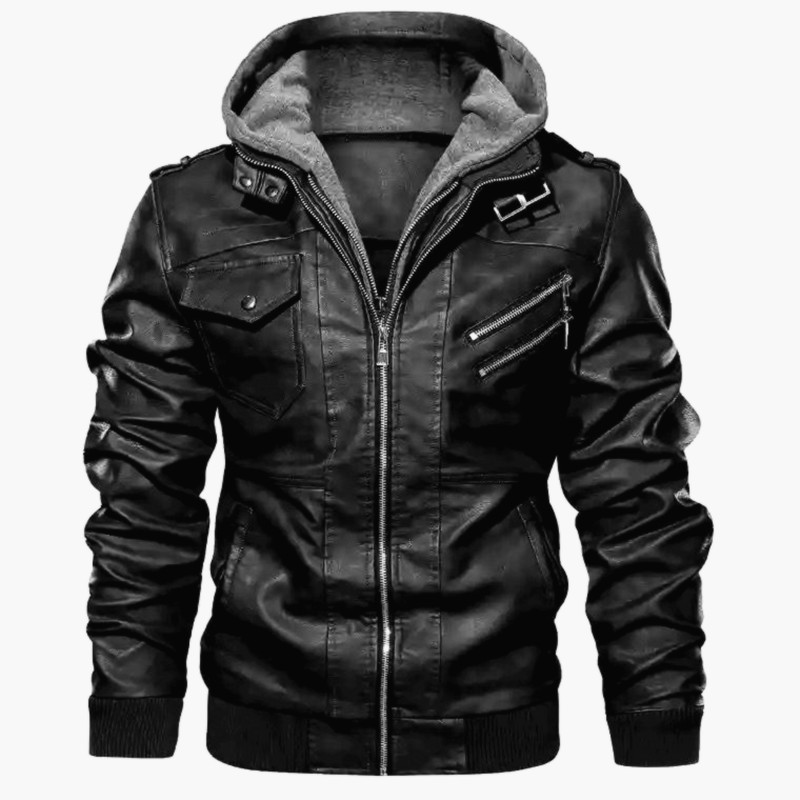 Men's black PU leather hooded bomber jacket slim fit with zipper pockets and ribbed hem