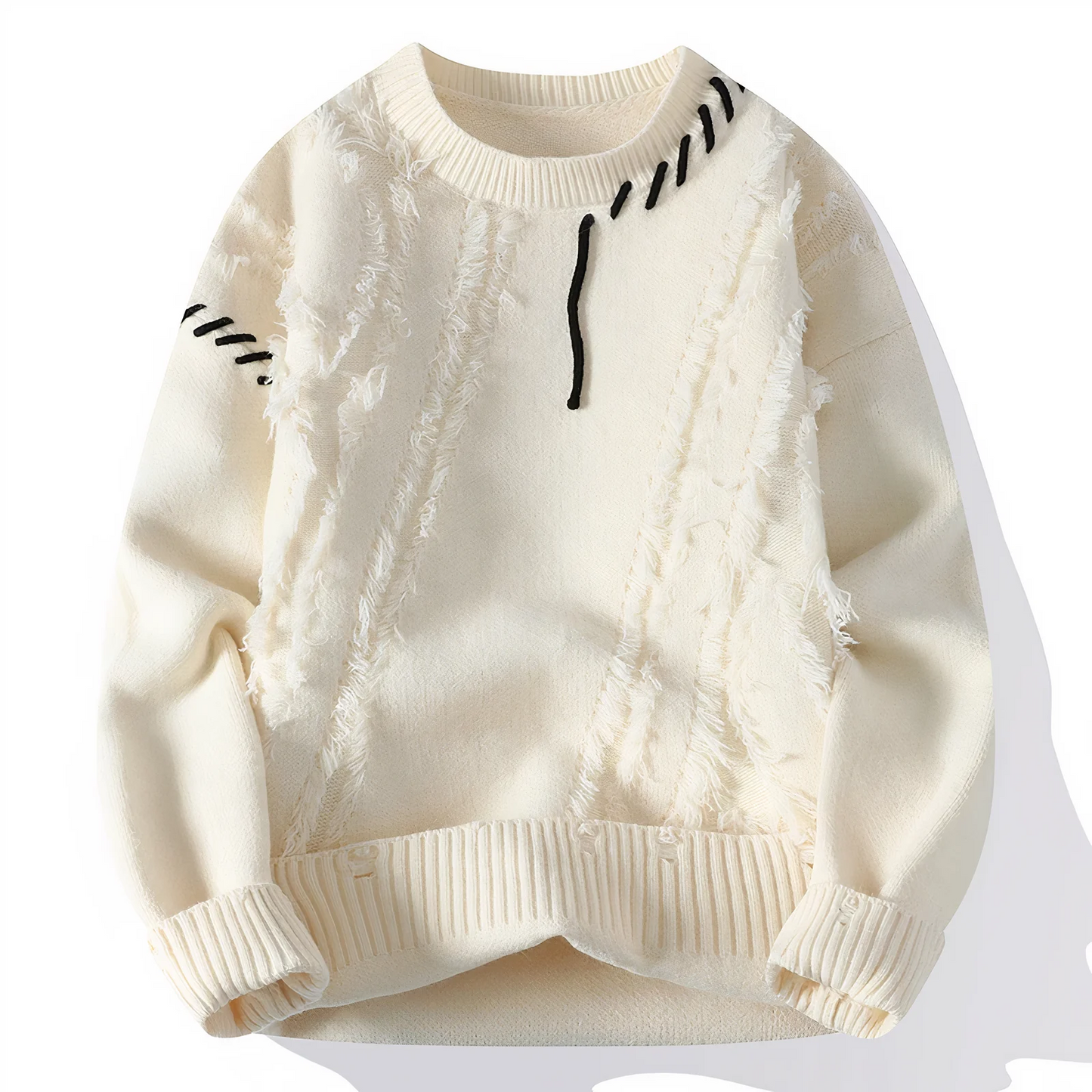 Men's patchwork fringe wool blend crew neck sweater relaxed fit artisanal knit neutral tones