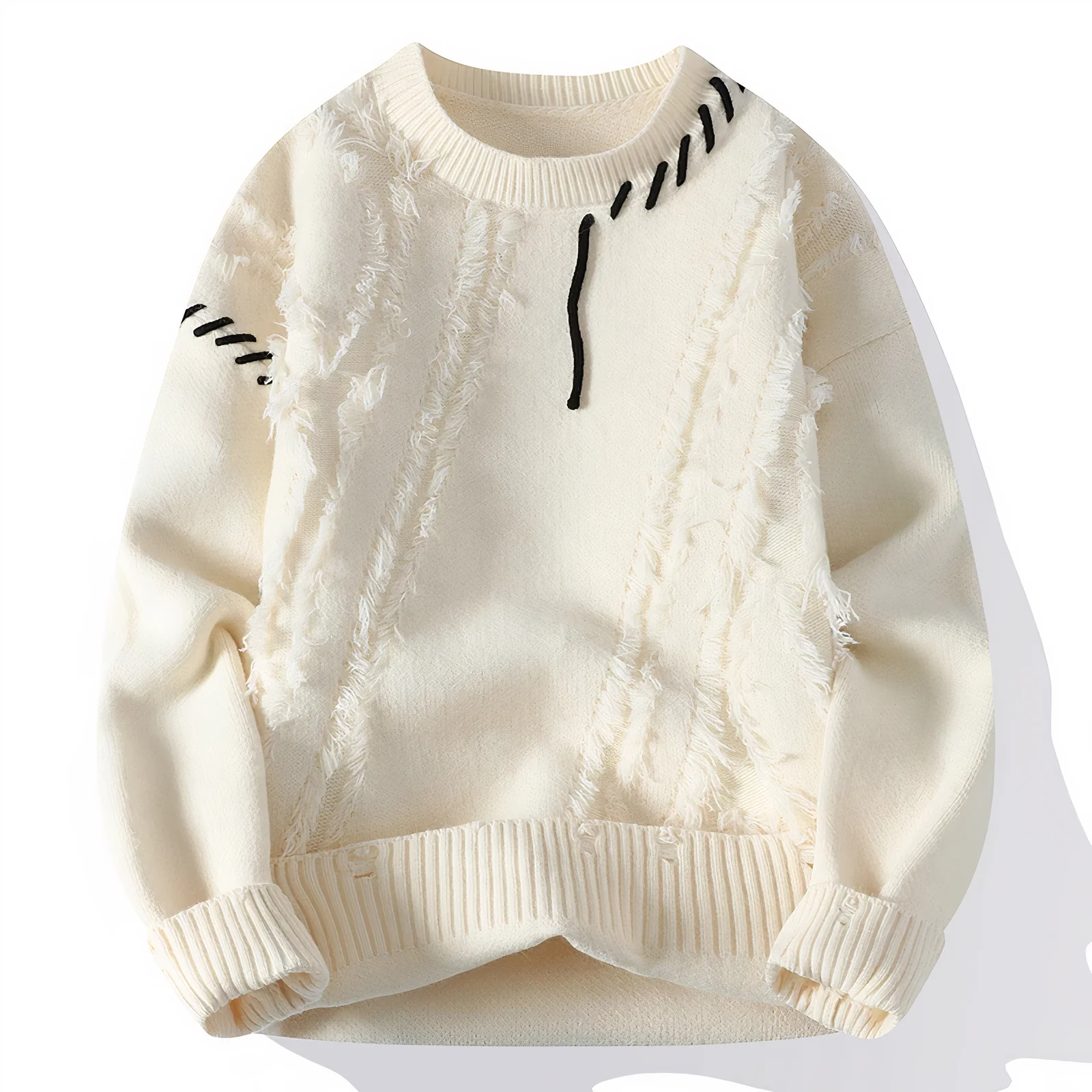 Men's patchwork fringe wool blend crew neck sweater relaxed fit artisanal knit neutral tones
