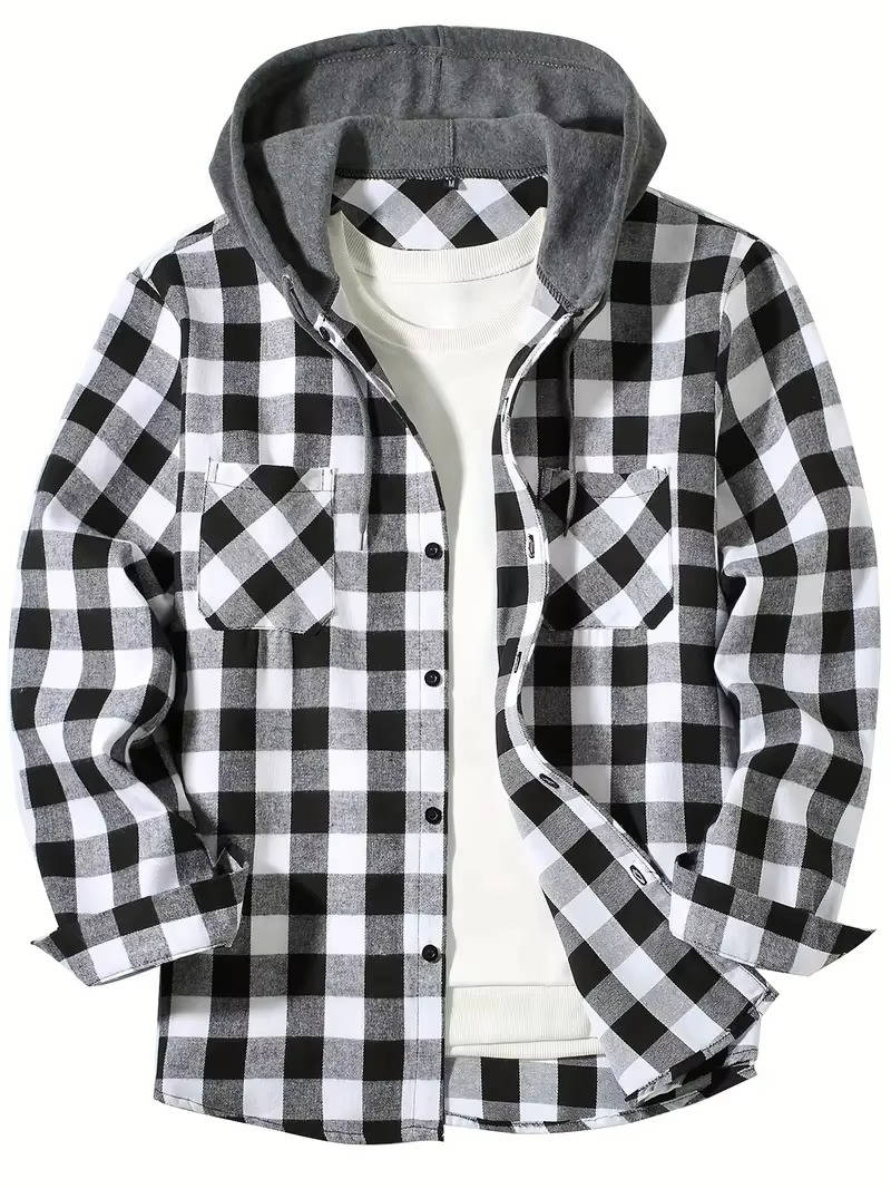 Men's red black buffalo plaid flannel shirt with fleece-lined adjustable hood, brushed cotton blend
