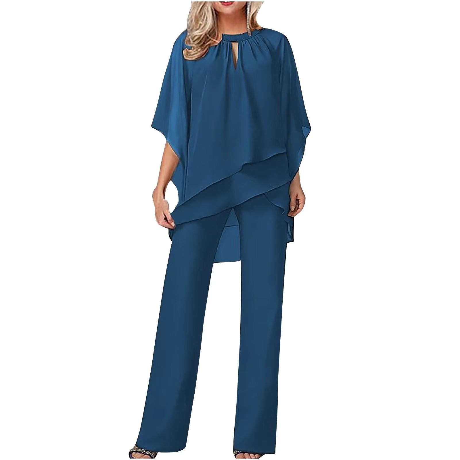 Women's chiffon overlay batwing sleeve wide leg pantsuit in elegant flowing silhouette