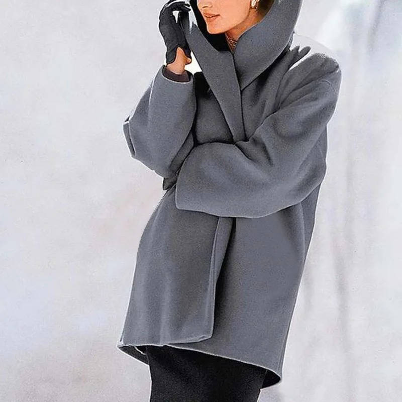 Women's charcoal wool blend cocoon coat structured silhouette turtleneck collar ultra cozy winter