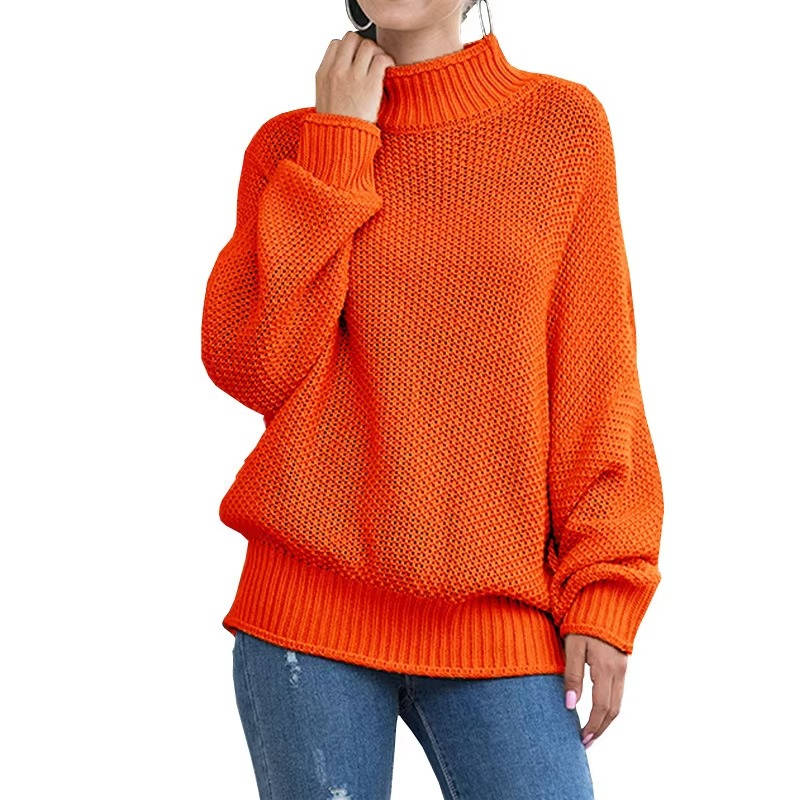 Women's cozy knitted turtleneck pullover sweater in versatile neutral tones with relaxed modern silhouette