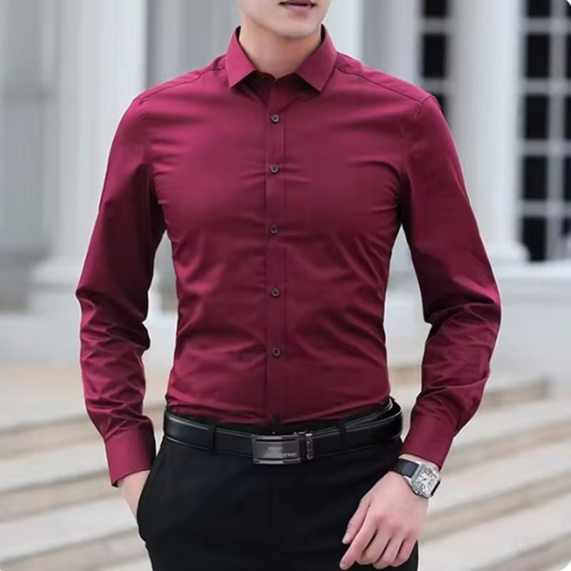 Men's wrinkle-resistant long sleeve dress shirt pocketless slim cut stretch comfort blend professional style