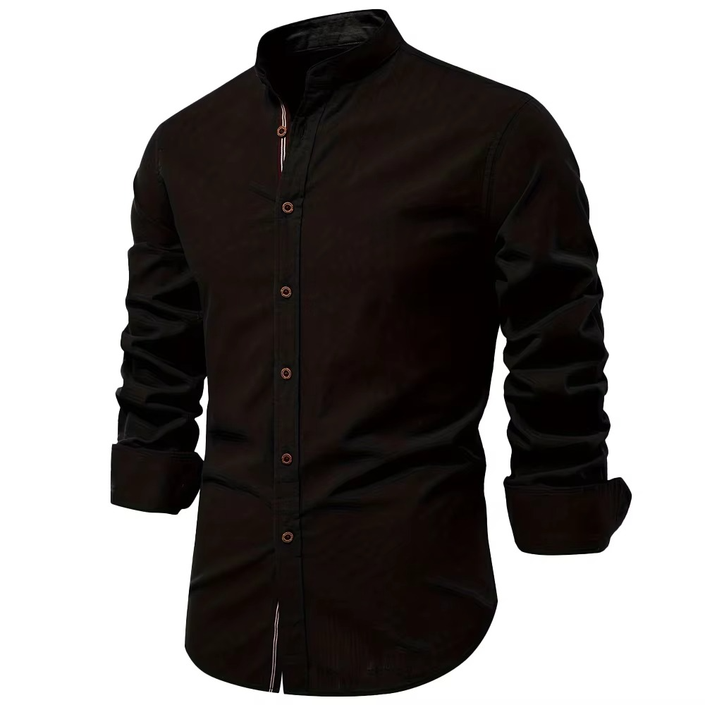 Men's slim fit mandarin collar button-down shirt in cotton-linen blend, clean modern silhouette