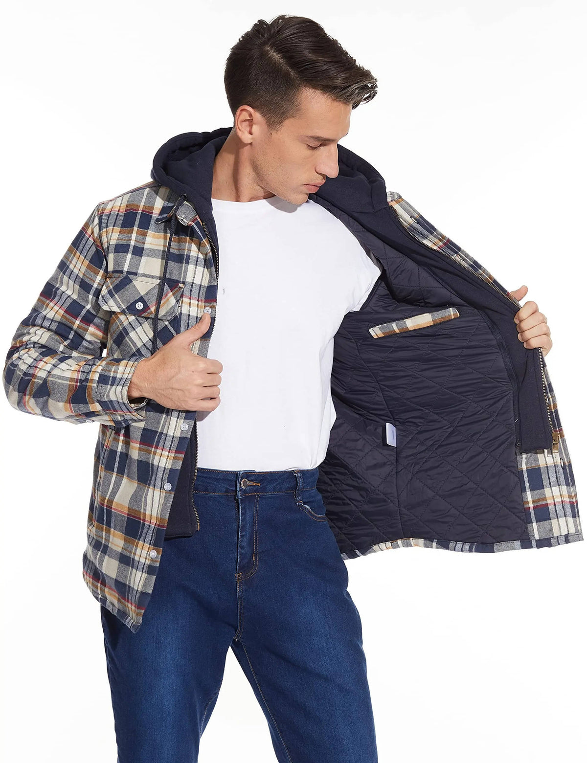 Men's hooded plaid bomber jacket with zip-button front closure and warm lining for everyday wear