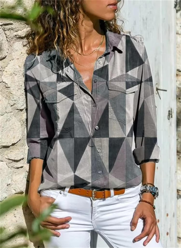 Women's geometric color-block print oversized button-down shirt with rolled long sleeves and classic collar