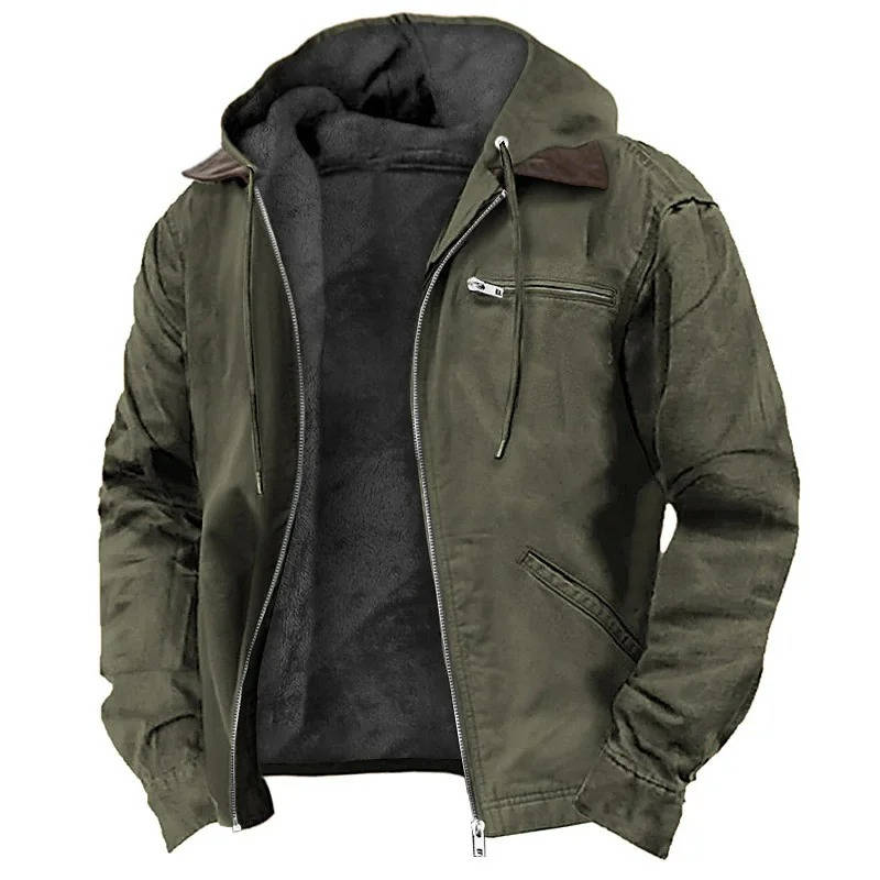 Men's lightweight hooded fleece jacket with full zipper, windproof polyester shell for winter warmth