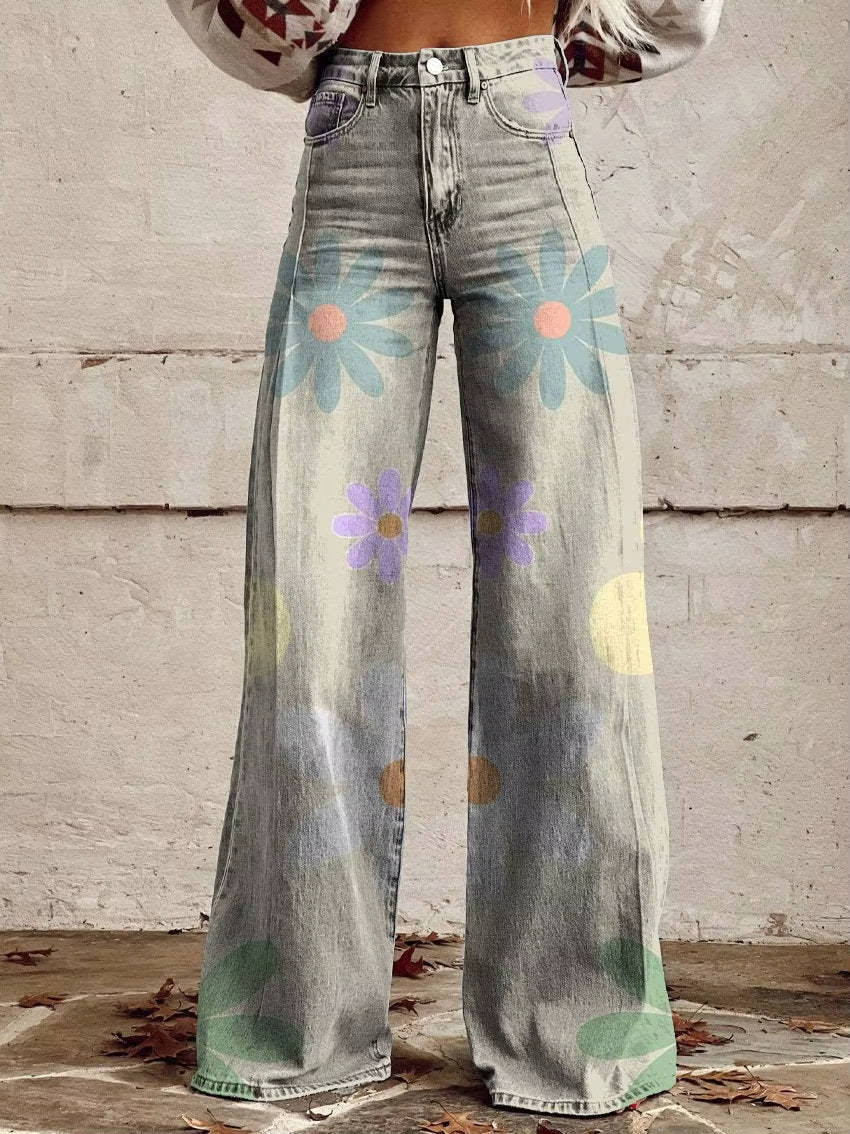 Women's high-waisted floral pants vintage-inspired wide-leg silhouette bold colorful print