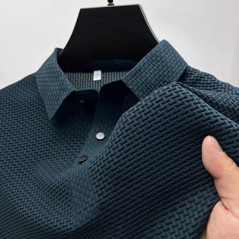 Men's navy blue knitted polo shirt short sleeve stretch breathable fabric everyday casual wear