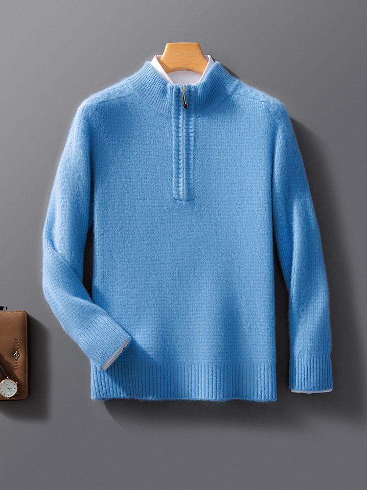 Men's wool knit relaxed fit pullover sweatshirt with zip collar, long sleeve, textured cozy fabric