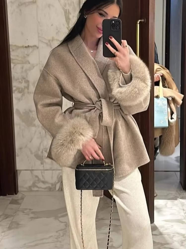 Wavlynn women's wrap short coat belt wool-polyester blend cozy lace-up fur detail everyday style