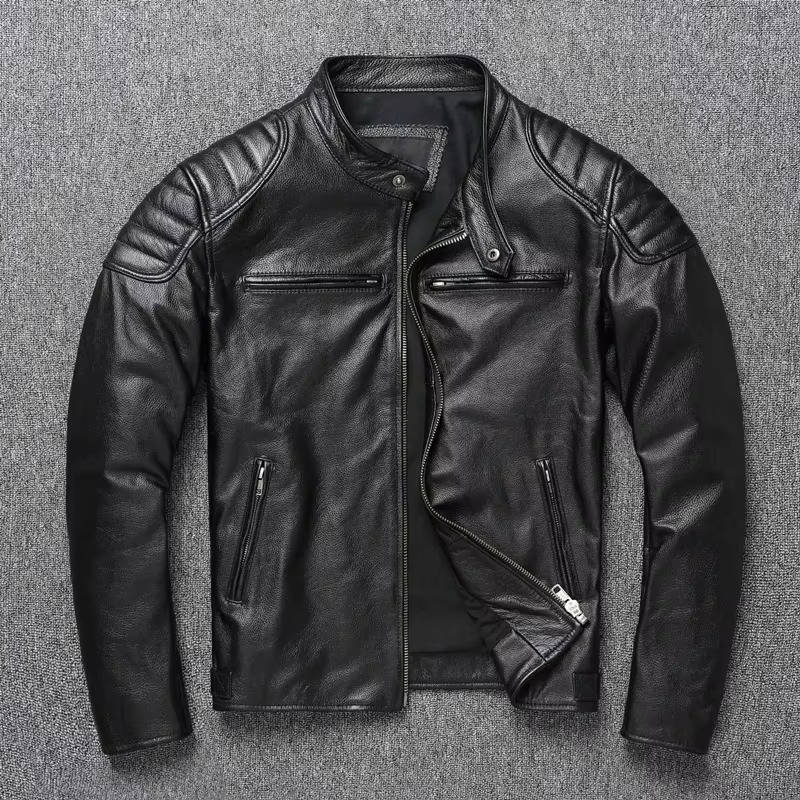 Men's black quilted leather motorcycle jacket with sleek biker cut and premium stitching detail