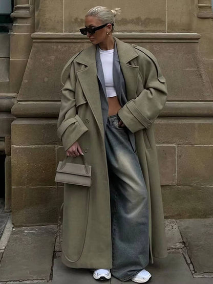 Women oversized long trench coat wool-polyester blend, timeless office-ready silhouette in neutral tone