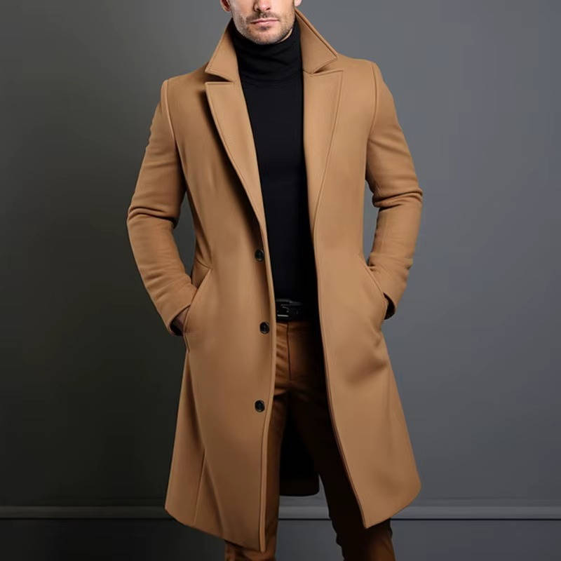 Men's classic single-breasted wool overcoat long cut formal casual wear slim silhouette