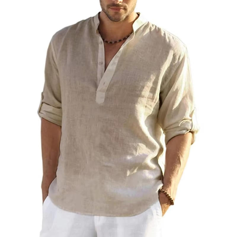 Men's white linen Henley shirt rolled sleeves lightweight breathable casual summer fit