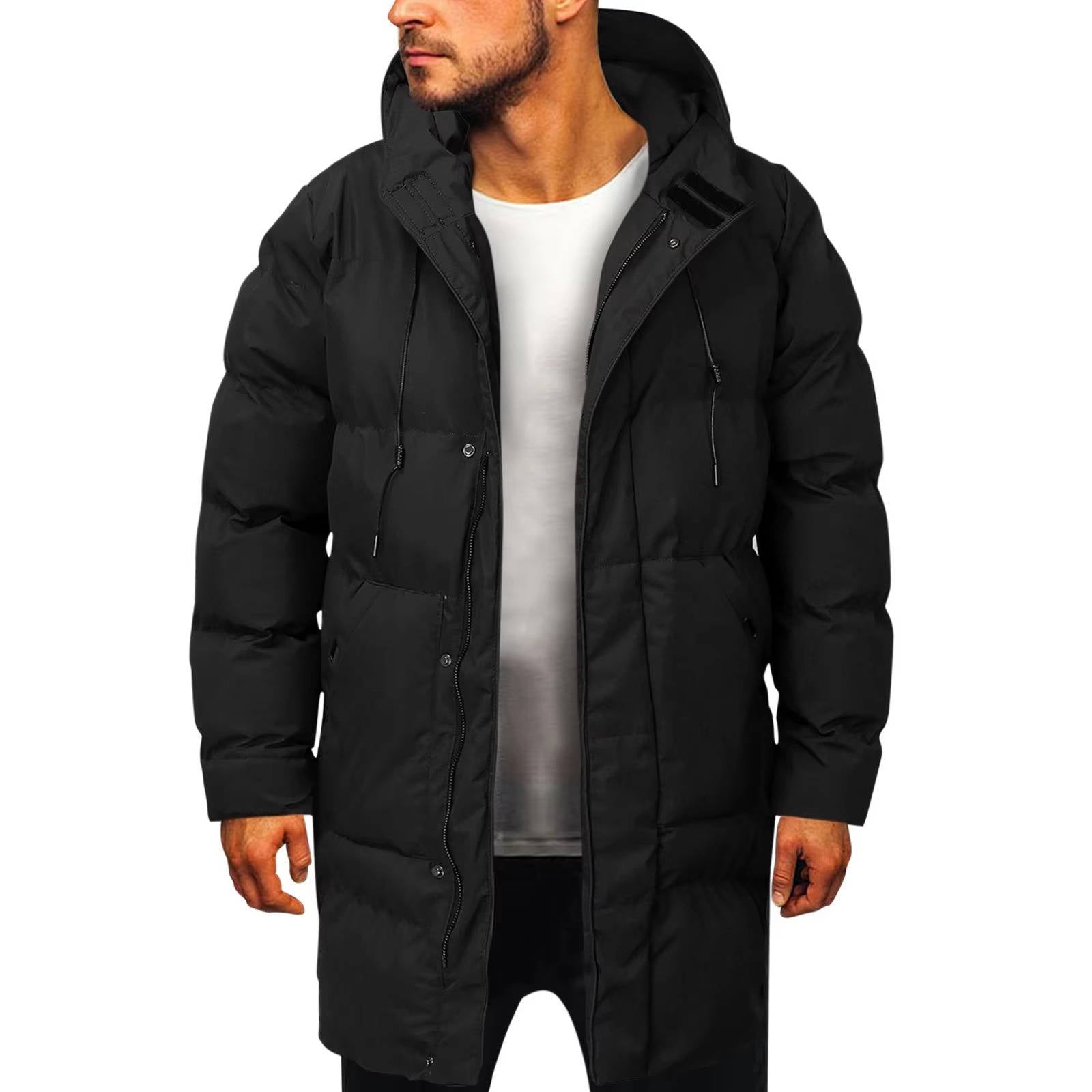 Men's black hooded puffer parka insulated winter coat with windproof fabric and thermal padding
