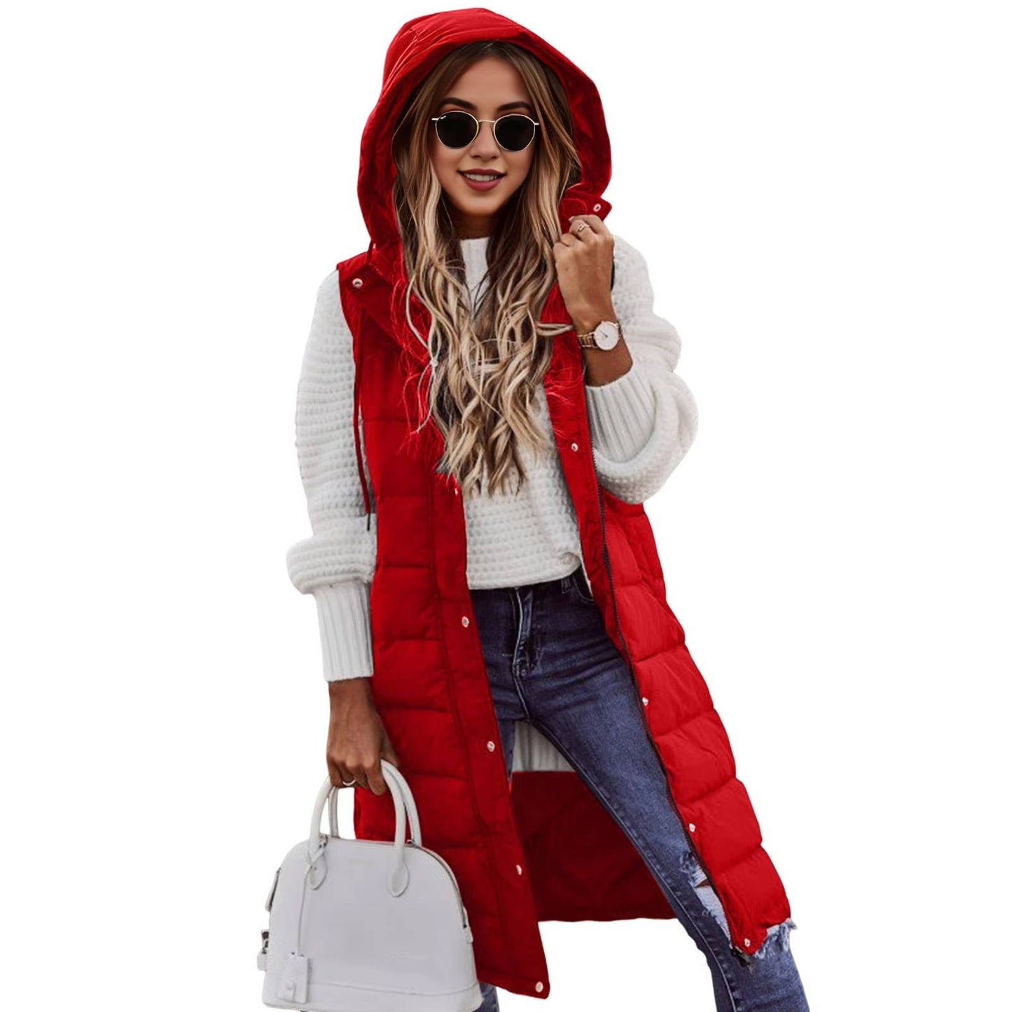 Black long hooded sleeveless puffer vest, knee-length quilted design for cold-weather layering