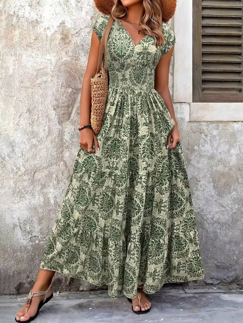 Women's boho print tiered maxi dress with smocked elastic waist, flowing relaxed silhouette
