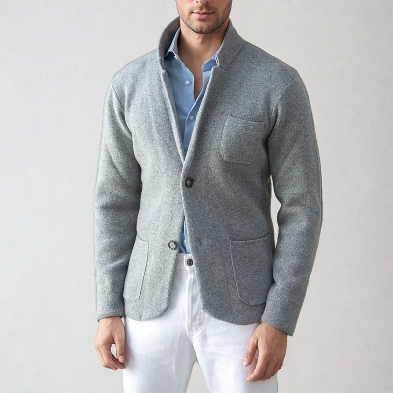 Men's navy modern knit cardigan blazer-inspired silhouette tailored collar office casual layering