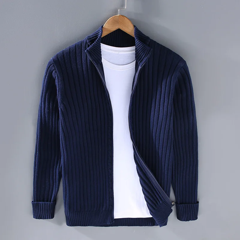 Men's ribbed zip cardigan slim fit stand collar knitwear in neutral cotton-blend layering piece