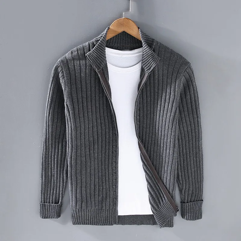 Men's ribbed zip cardigan slim fit stand collar knitwear in neutral cotton-blend knit