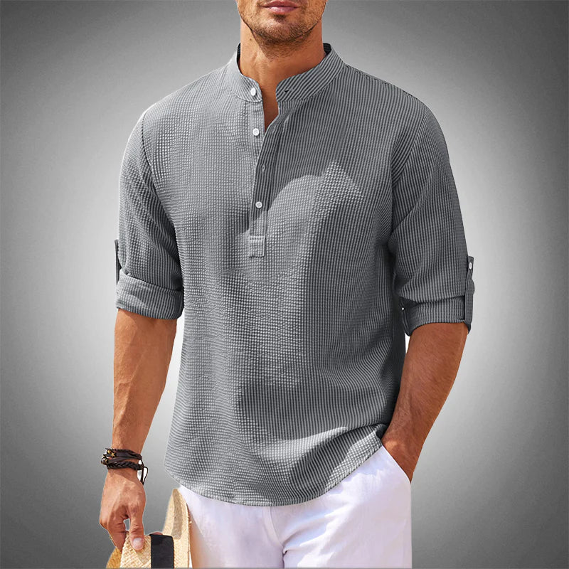 Men's relaxed-fit linen blend shirt with mandarin collar and half button placket, natural drape