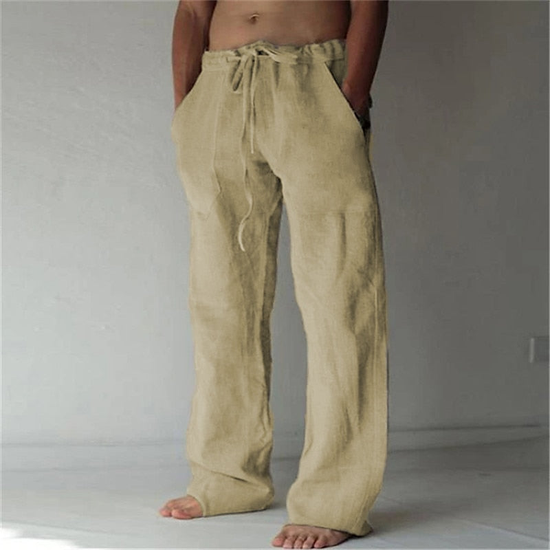 Men's beige linen pants loose fit drawstring waist lightweight breathable casual summer style