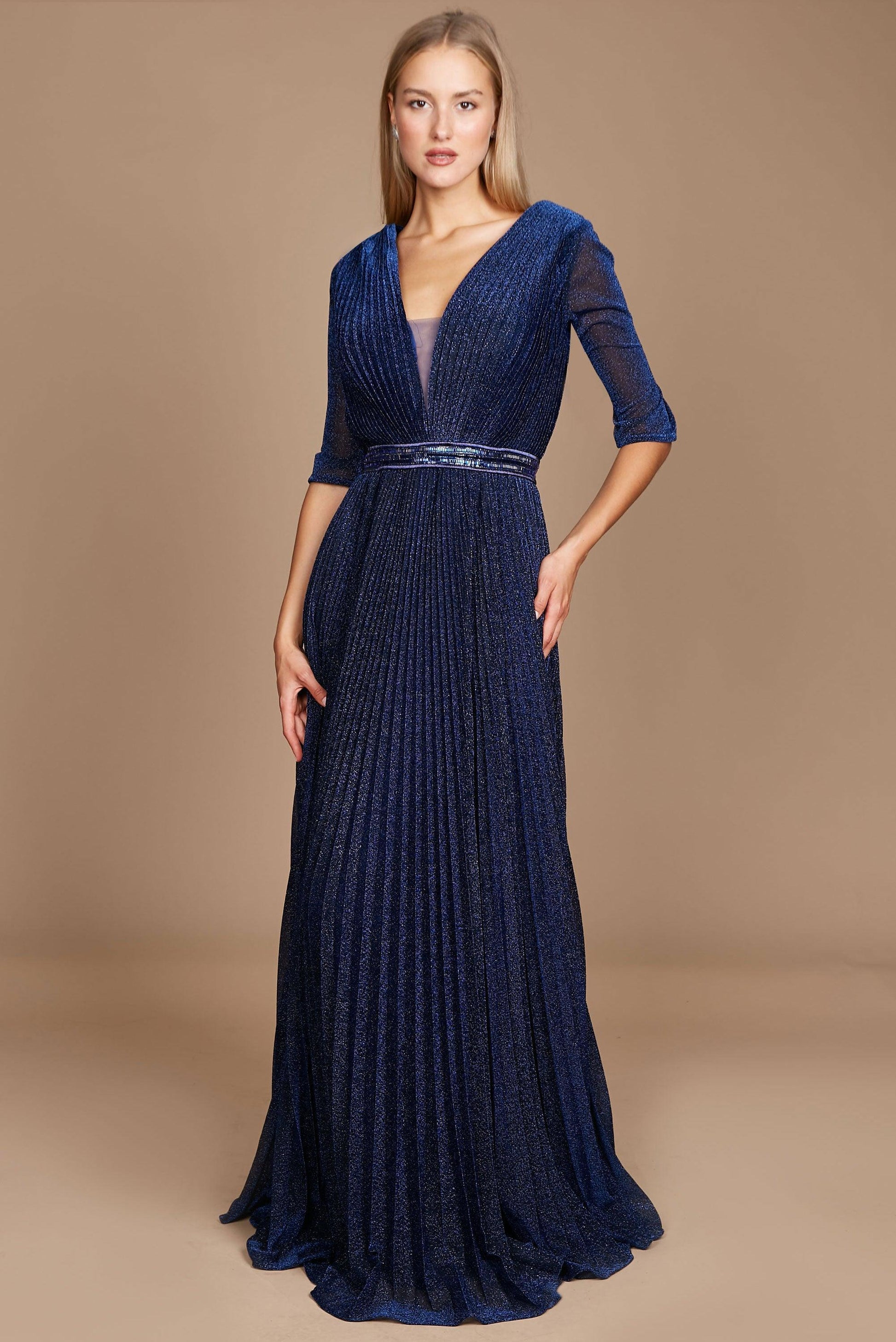 Black long sleeve formal evening dress with V-neckline, 3/4 sleeves, and flowing layered A-line skirt