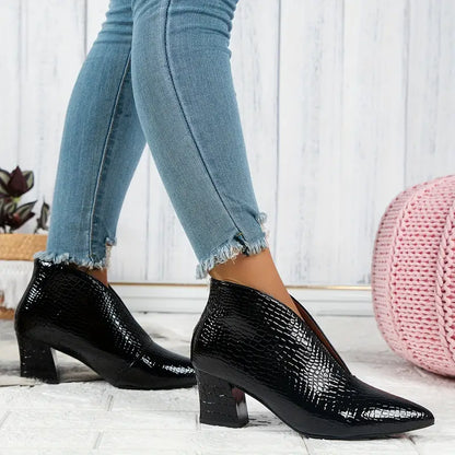 Women's reptile-textured ankle boots in neutral tone, exotic embossed exterior for bold everyday style