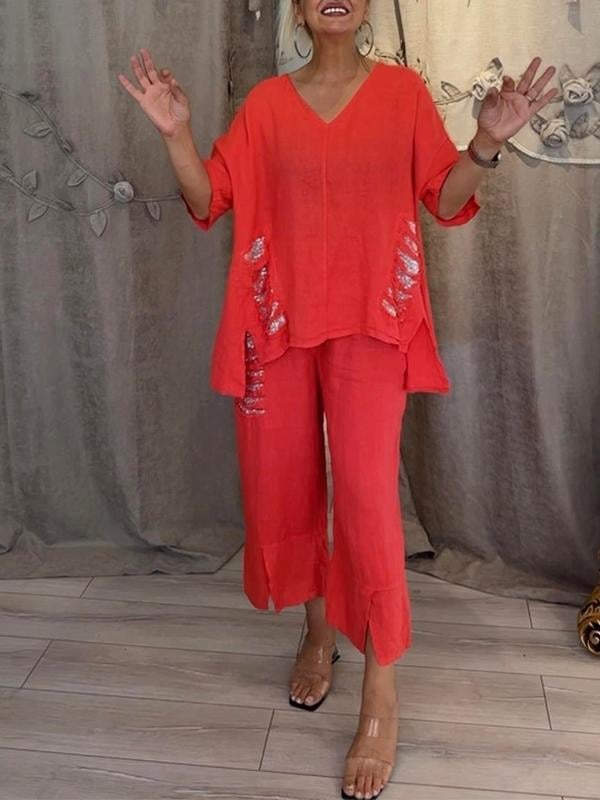 Women's ivory linen 2-piece set oversized V-neck top with sequin fringe pocket and cropped wide-leg pants
