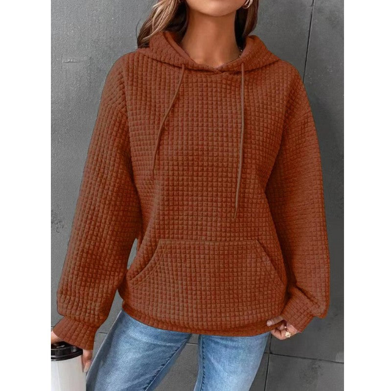 Women's relaxed-fit quilted hoodie with drawstring hood, kangaroo pocket, and ribbed trim