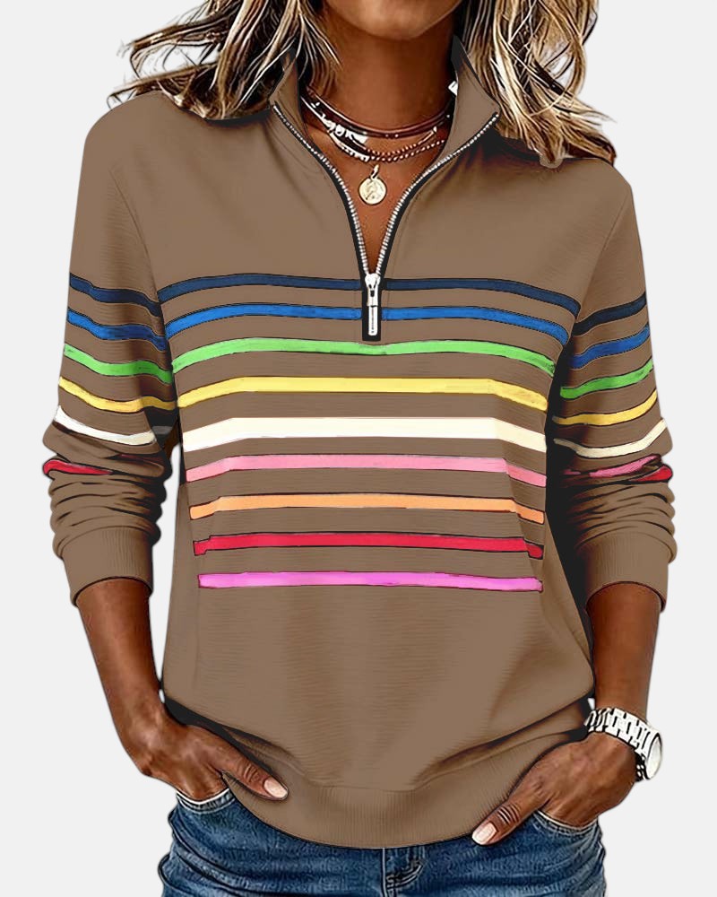 Rainbow striped zip sweatshirt with relaxed fit and vibrant vertical color-block design