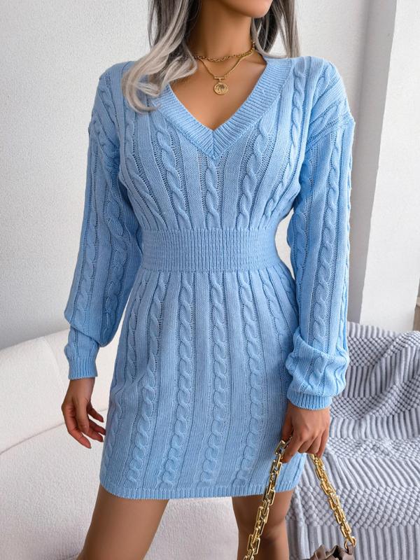 Cozy long sleeve V-neck dress in soft fabric with flattering feminine silhouette for all-day comfort