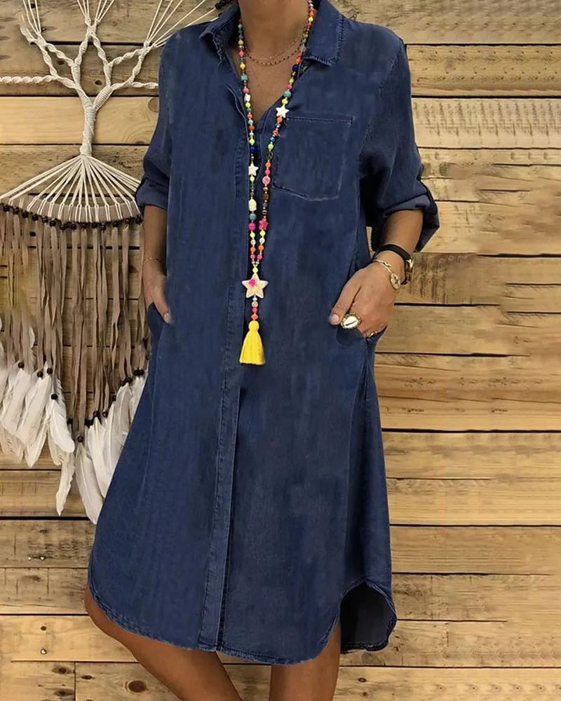 Women's loose-fit casual shirt dress with button closure and three-quarter sleeves in cotton blend