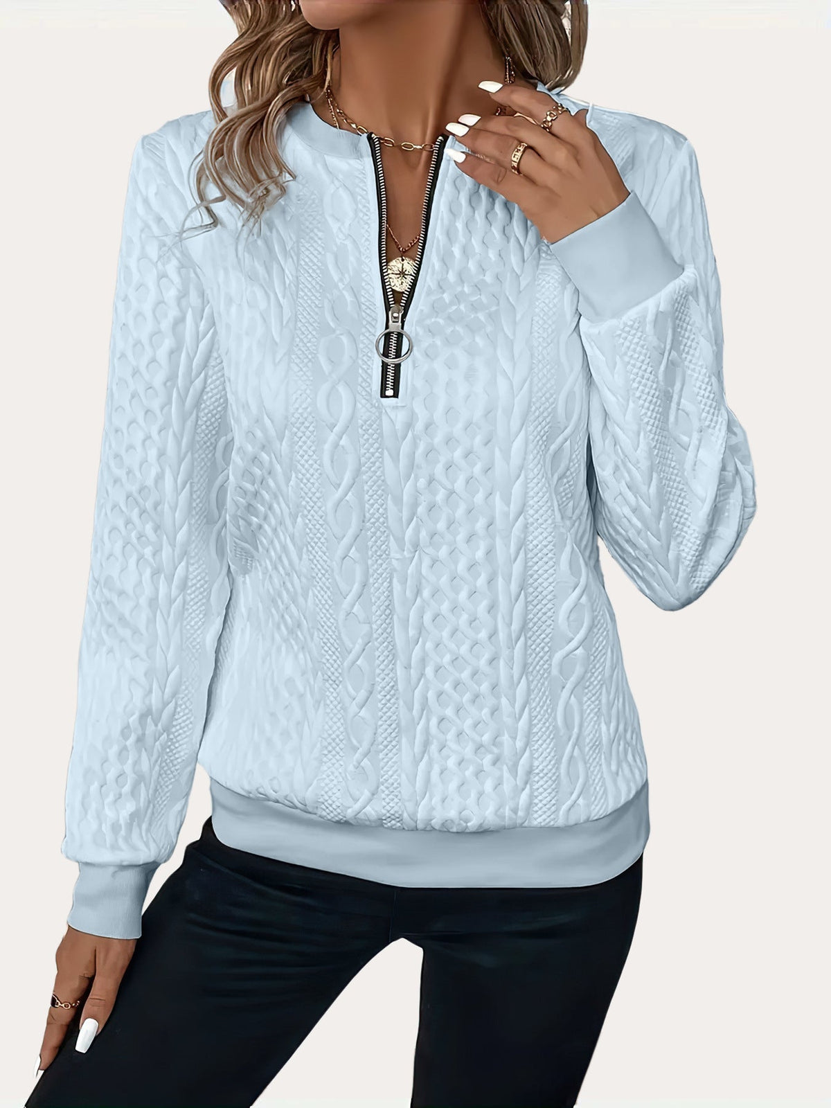 White cable knit zip-up pullover sweater, loose fit unisex style with casual half sleeves