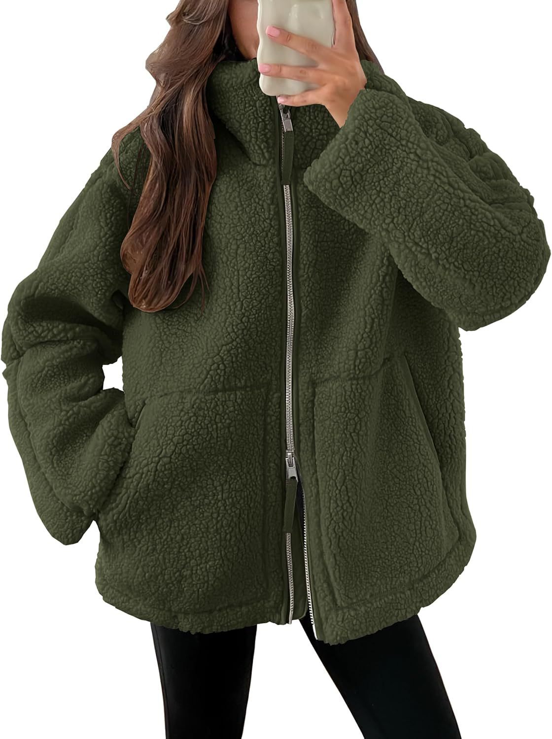 Women's wool blend zip-up jacket in neutral tone, relaxed modern fit with lapel collar winter coat