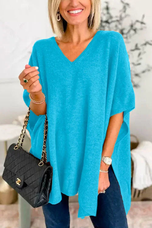 Women's soft knit poncho top loose fit V-neck draped design acrylic wool blend layering piece