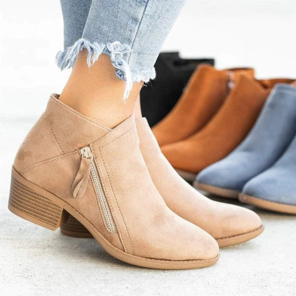 Women's blue suede ankle boots with side zipper and low heel, everyday autumn winter style