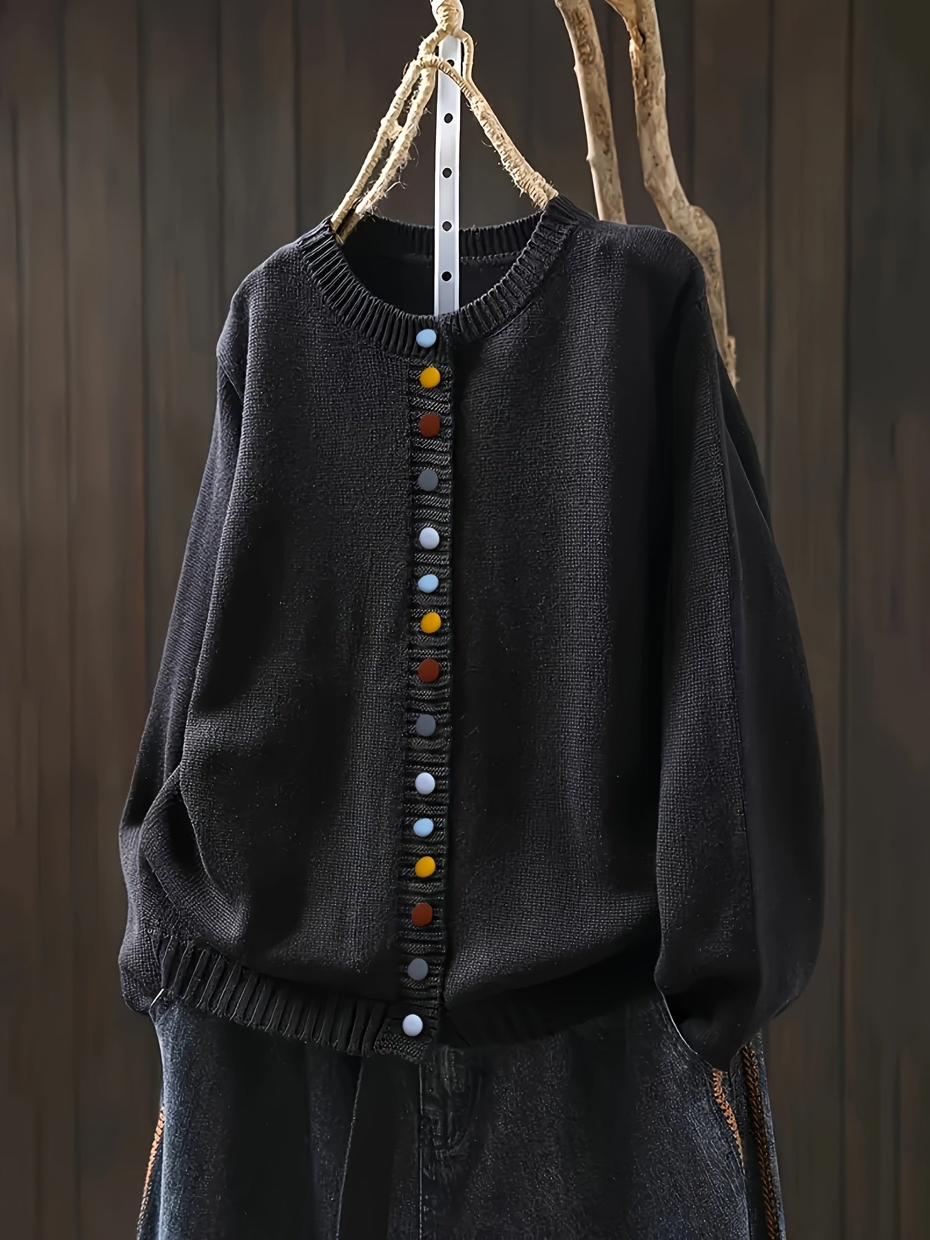 Gretchen relaxed-fit cardigan with decorative button accents, elegant feminine style layering piece