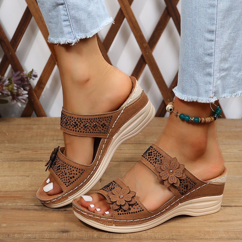 Women's floral wedge slides with cushioned sole, elegant feminine design for all-day comfort