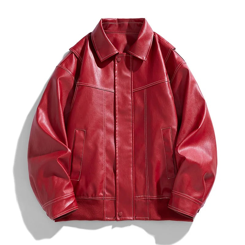 Men's oversized black premium leather bomber jacket with structured silhouette and ribbed cuffs