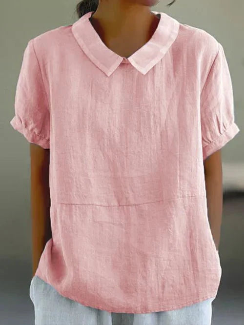 Sky blue linen-look casual top with contrast white Peter Pan collar and cuffed short sleeves